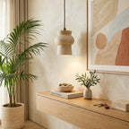 Wabi Sabi Travertine Pendant Lamp Over Hallway Credenza
