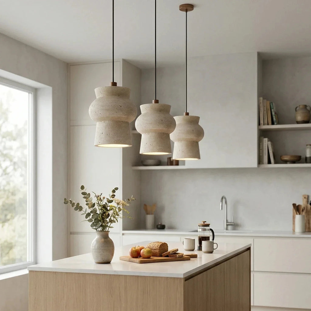 Trio of Travertine Pendant Lights Over Kitchen Island