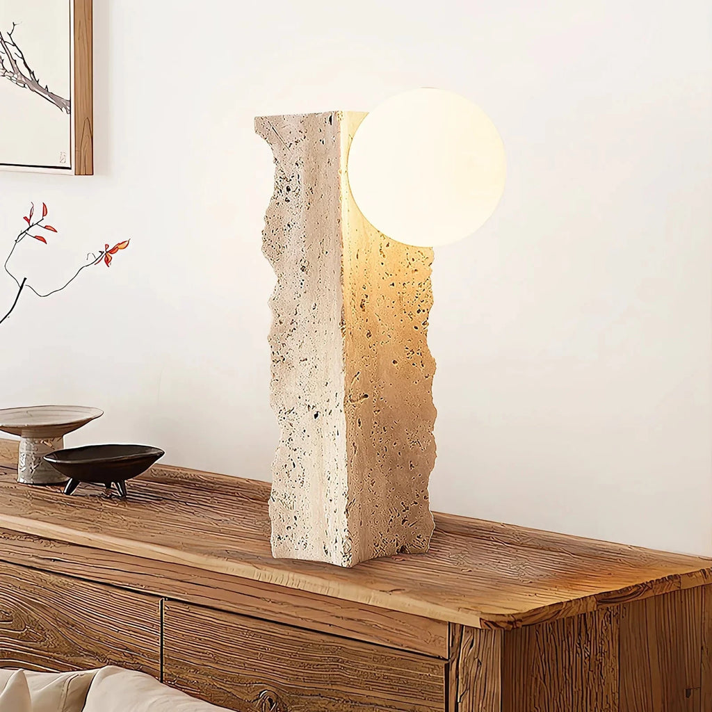 Wabi Sabi Rough Travertine Stone Table Lamp on Pure White Background