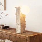 Wabi Sabi Rough Travertine Stone Table Lamp on Pure White Background