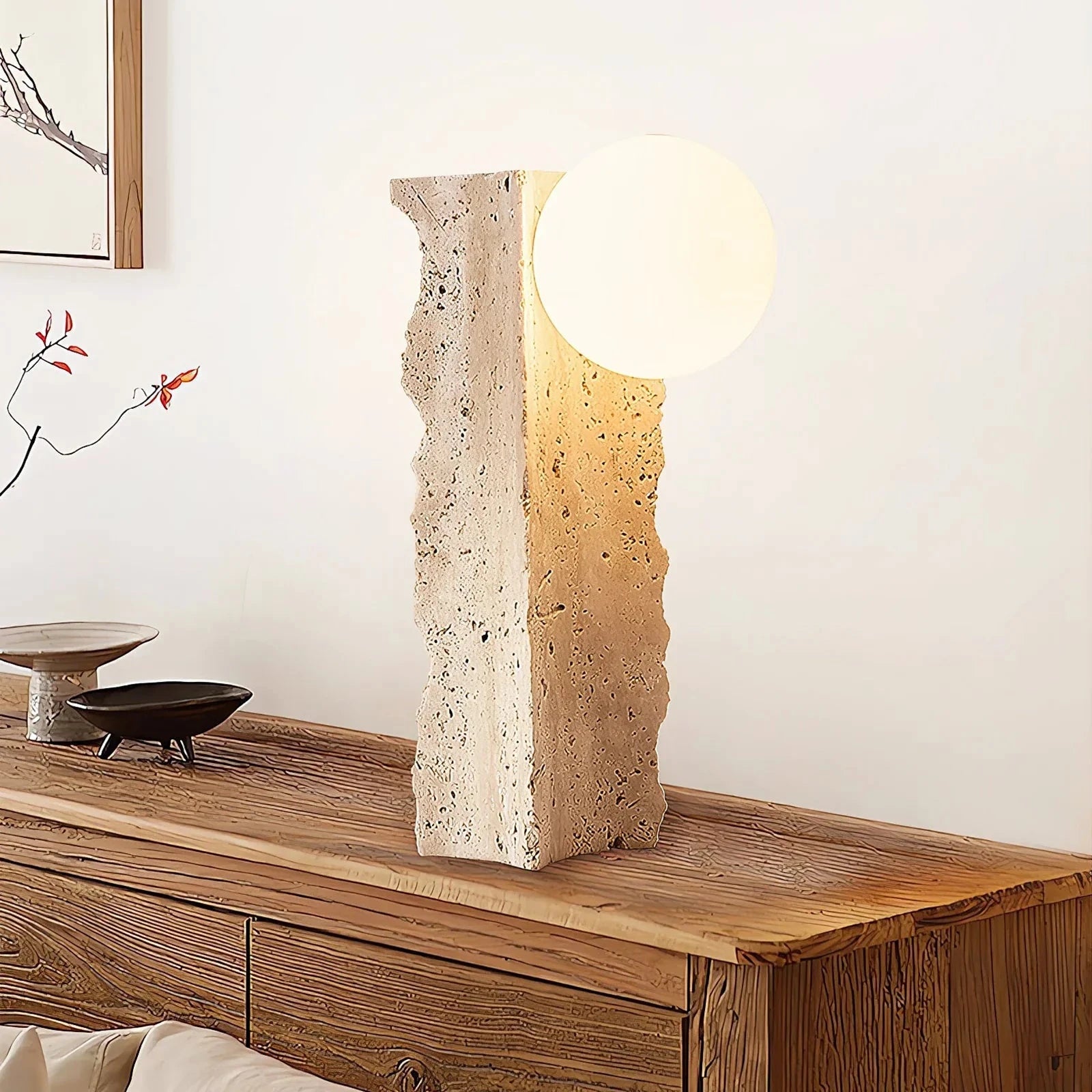 Wabi Sabi Rough Travertine Stone Table Lamp on Pure White Background