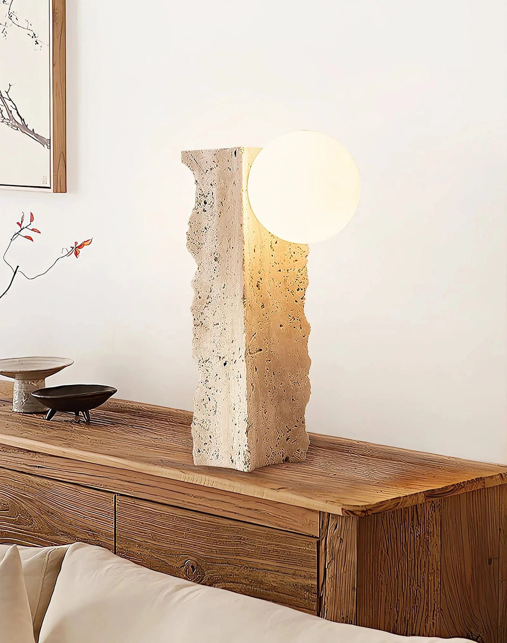 Wabi Sabi Stone Globe Table Lamp Over Living Room Console