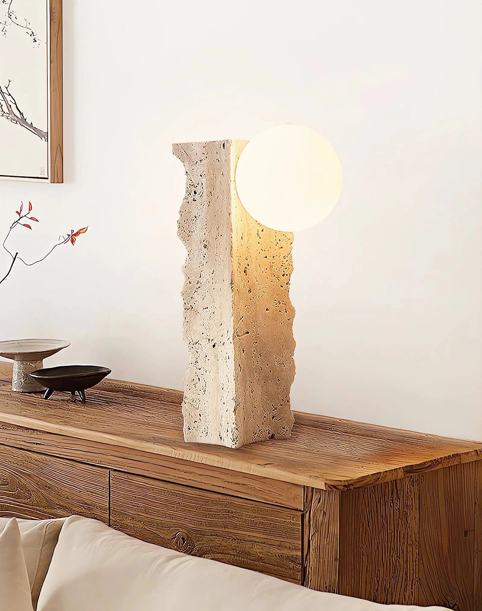 Wabi Sabi Stone Globe Table Lamp Over Living Room Console