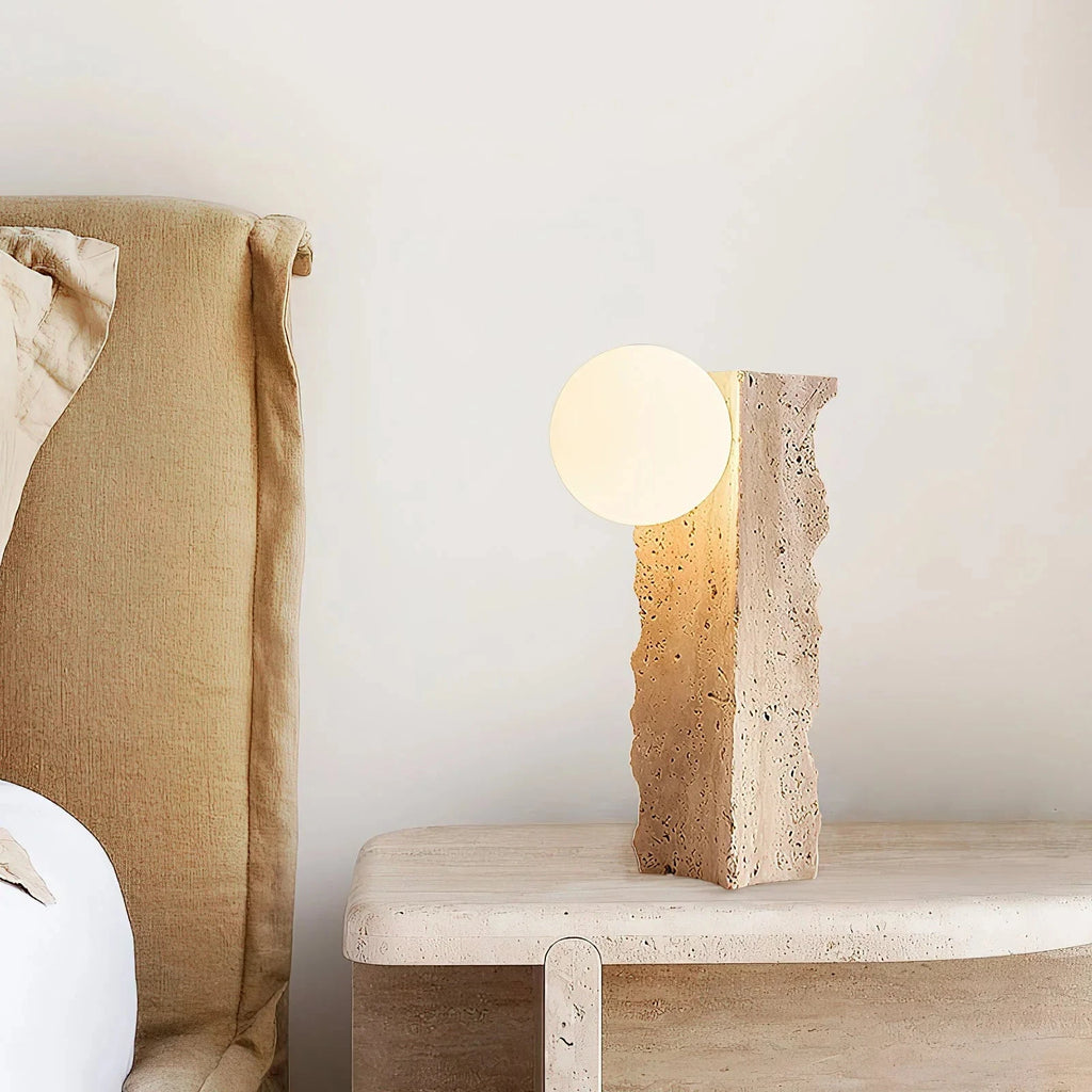 Japandi Travertine Stone Bedside Lamp Over Nightstand