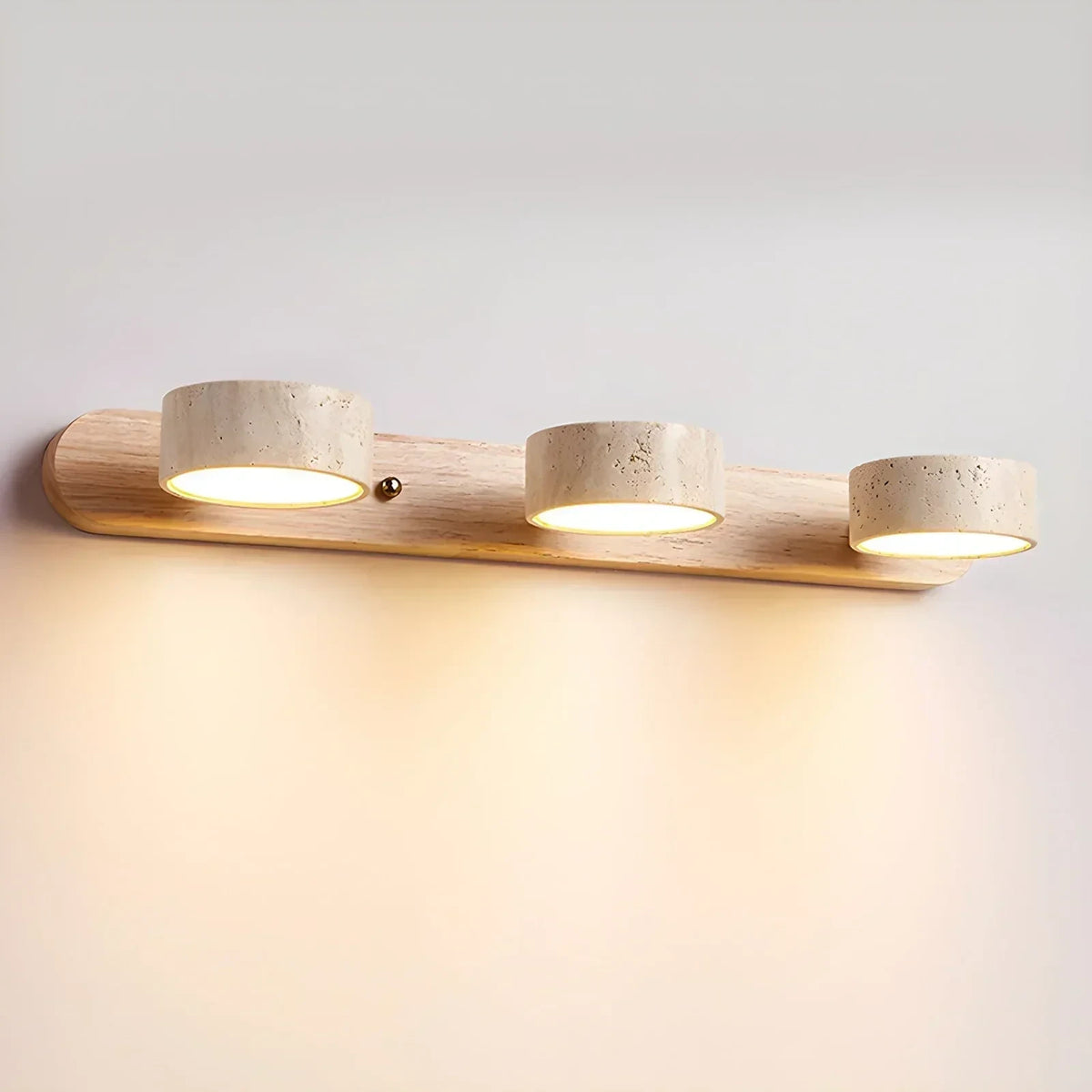 Travertine Duo Wood Wall Light three lamp heads travertine stone pale wood base modern interior wall lighting
