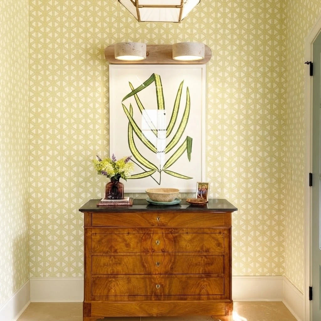 Modern Alabaster Wall Sconce Over Credenza and Artwork