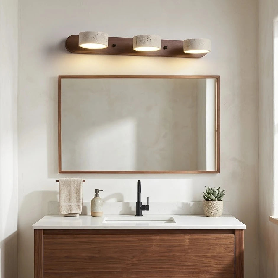 Travertine Duo Wood Wall Light three-head travertine stone mirror lamp dark wood base, modern neutral bathroom wall lighting