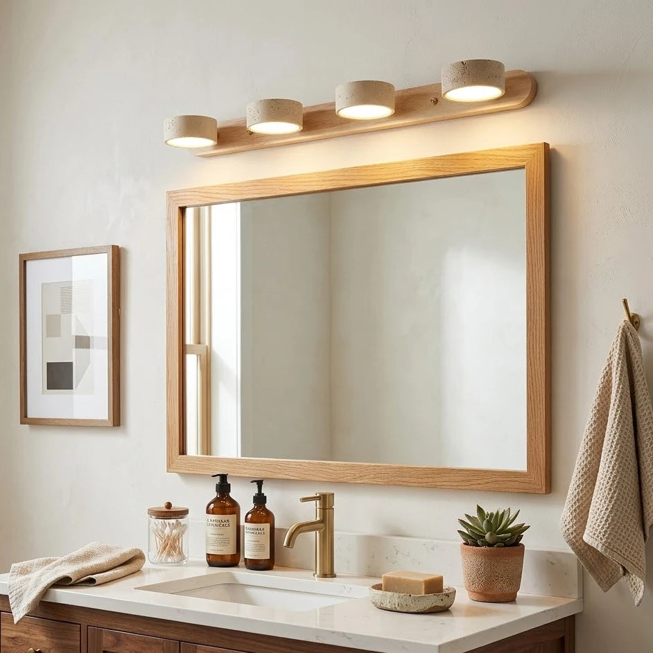 Travertine Duo Wood Wall Light four-head travertine stone mirror light natural wood base, wabi sabi bathroom wall lighting fixture