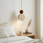 Japandi Wooden Sphere Travertine Pendant Light Over Bedroom Nightstand