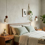 Pair of Travertine Disc Bedside Pendant Lights Over Bedroom Nightstands