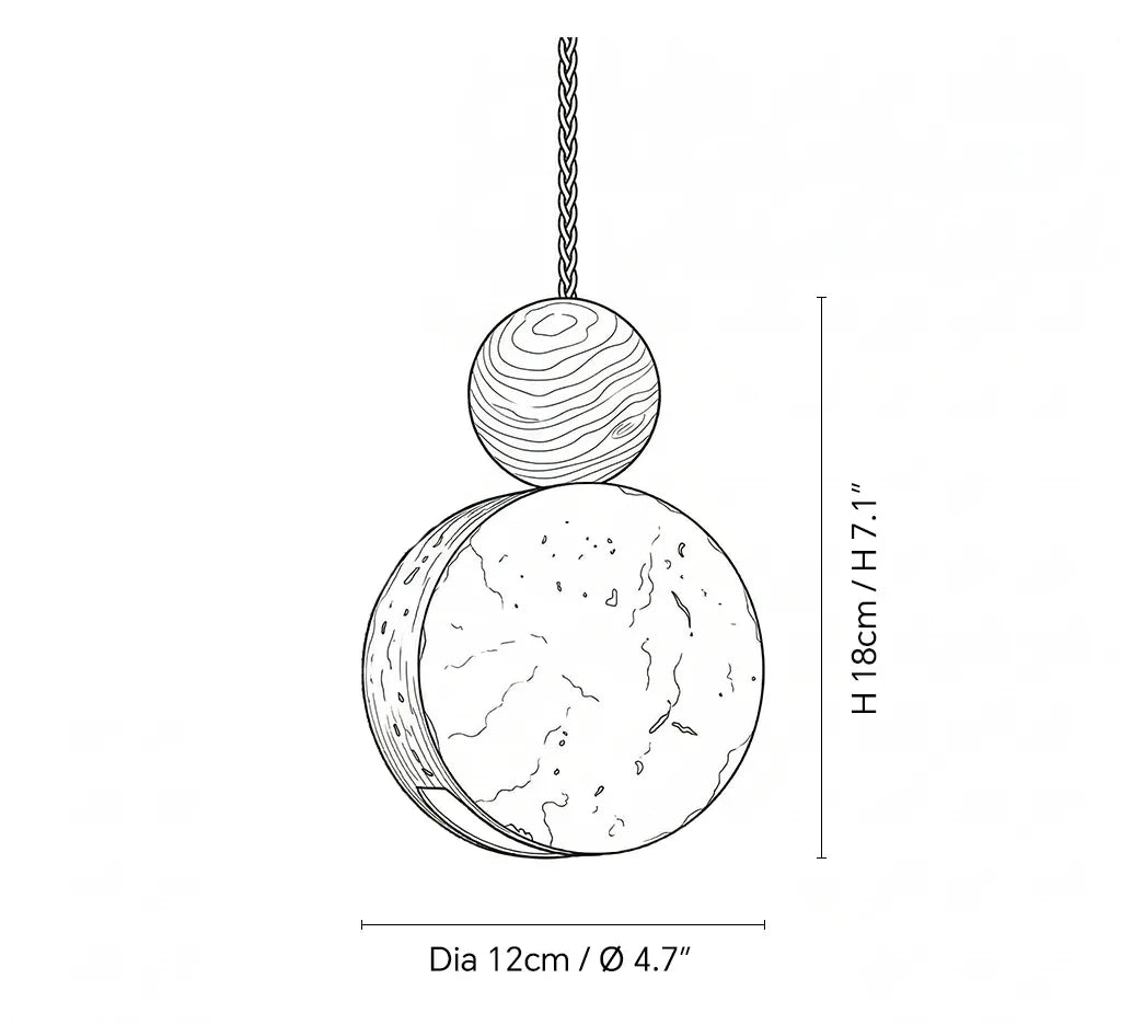 Wabi Sabi Wooden Sphere Travertine Disc Pendant Light Line Art Dimension Diagram