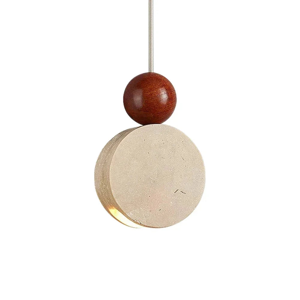 Wabi Sabi Wooden Sphere Travertine Disc Pendant Light on Pure White Background
