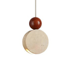 Wabi Sabi Wooden Sphere Travertine Disc Pendant Light on Pure White Background
