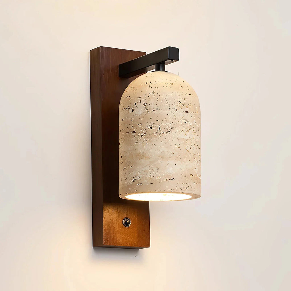 Travertine Wall Sconce with Wooden Backplate Studio Display