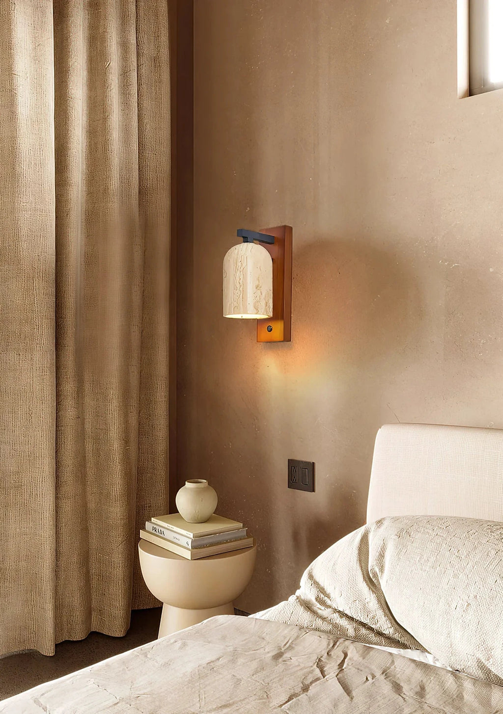 Japandi Travertine Wall Sconce Illuminating Bedroom Nook