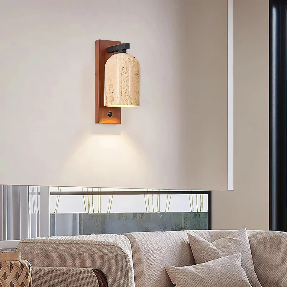Modern Travertine Wooden Sconce Over Living Room Sofa