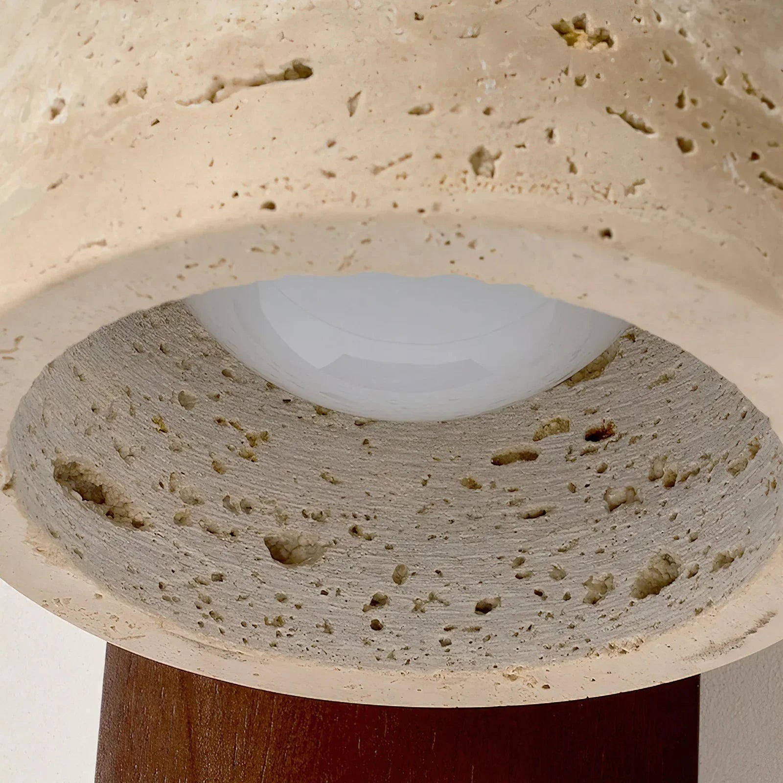 Bottom Up View of Travertine Shade and Light Source