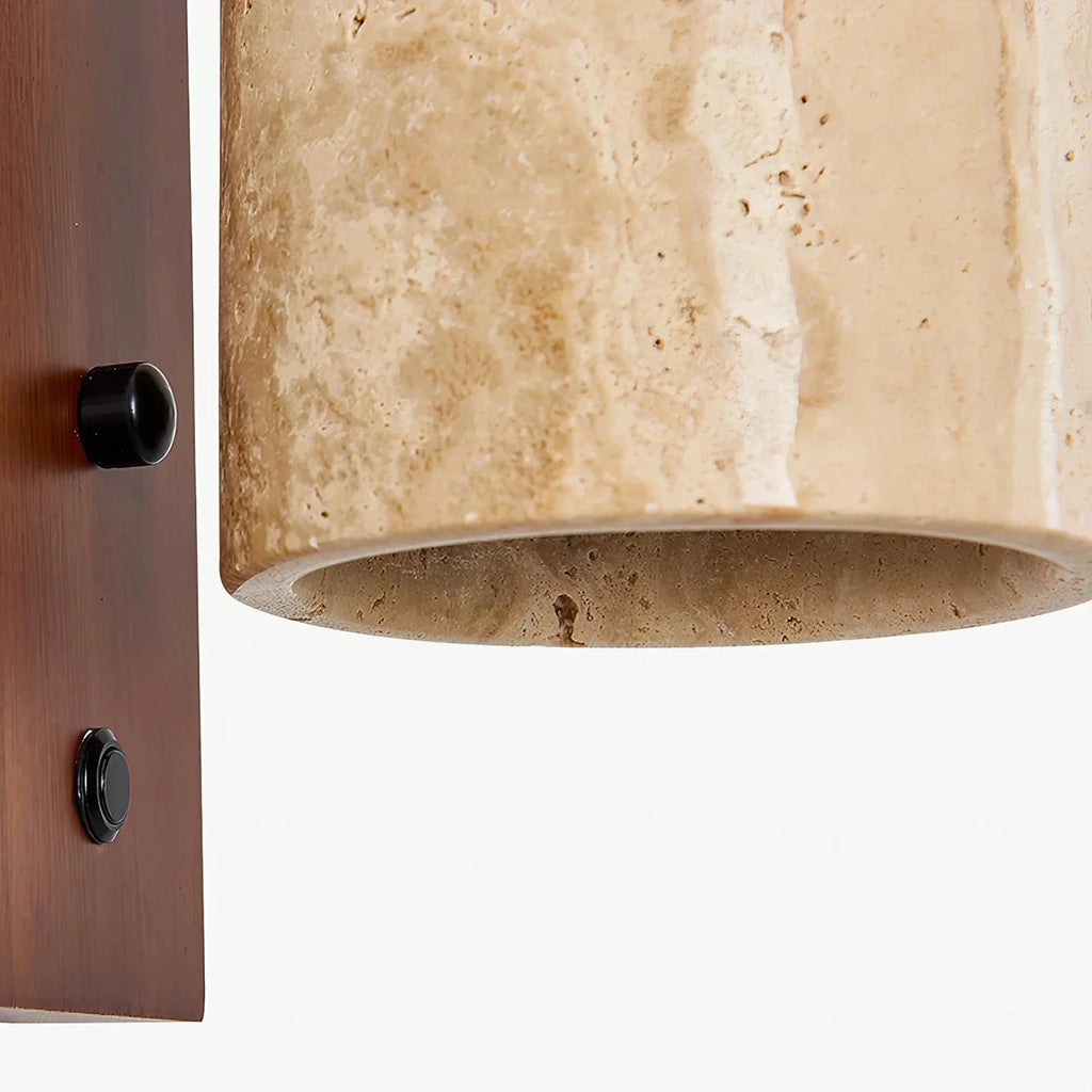 Detail View of Wooden Backplate and Travertine Shade Mount