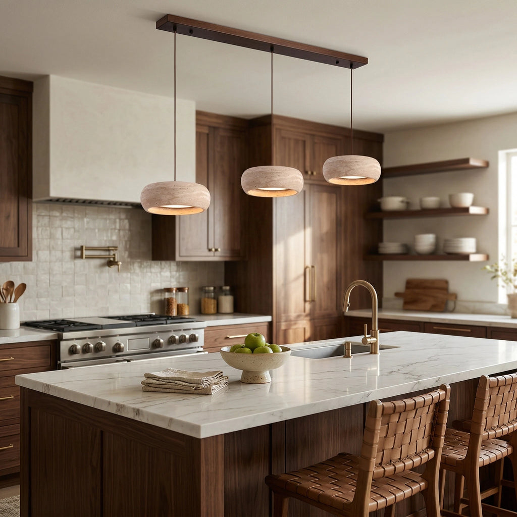 Set of Three Travertine Pendant Lights Over Kitchen Island
