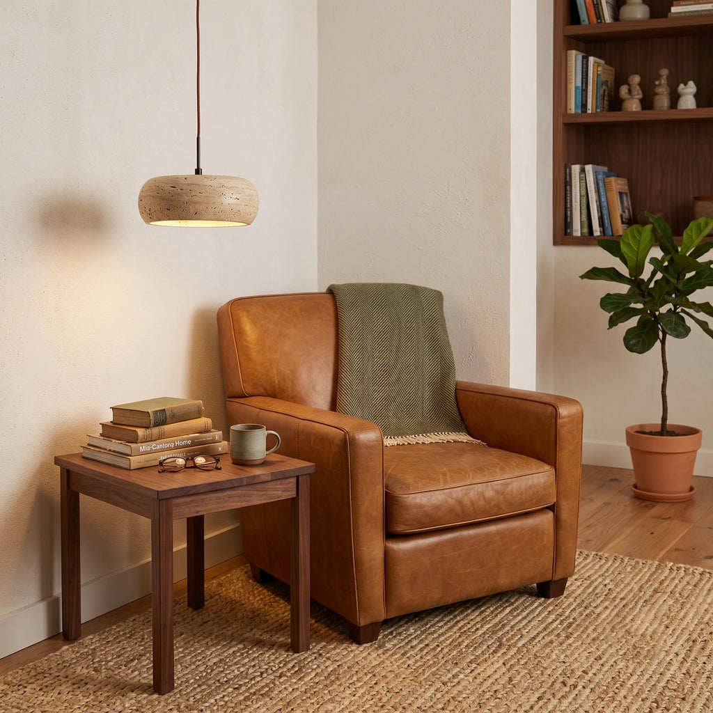 Modern Travertine Ring Pendant Light Over Reading Nook Armchair