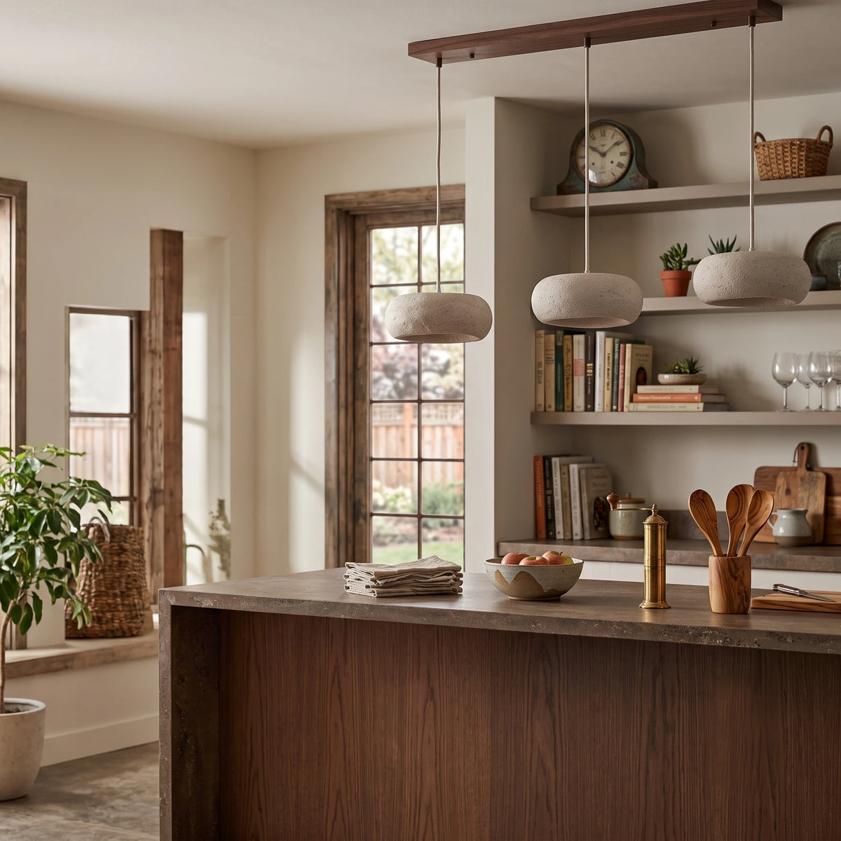 Japandi Travertine Ring Pendant Light Over Kitchen Counter