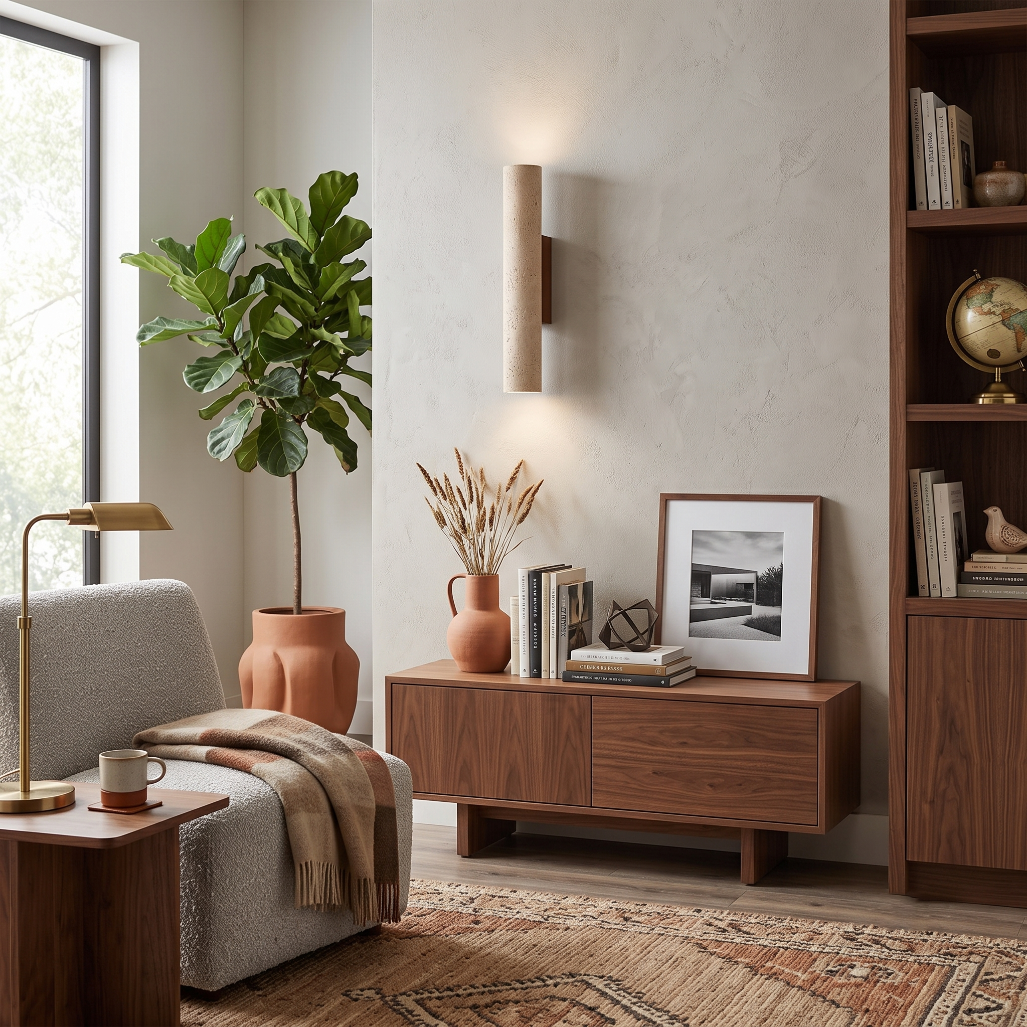 Travertine Walnut Cylinder Wall Sconce