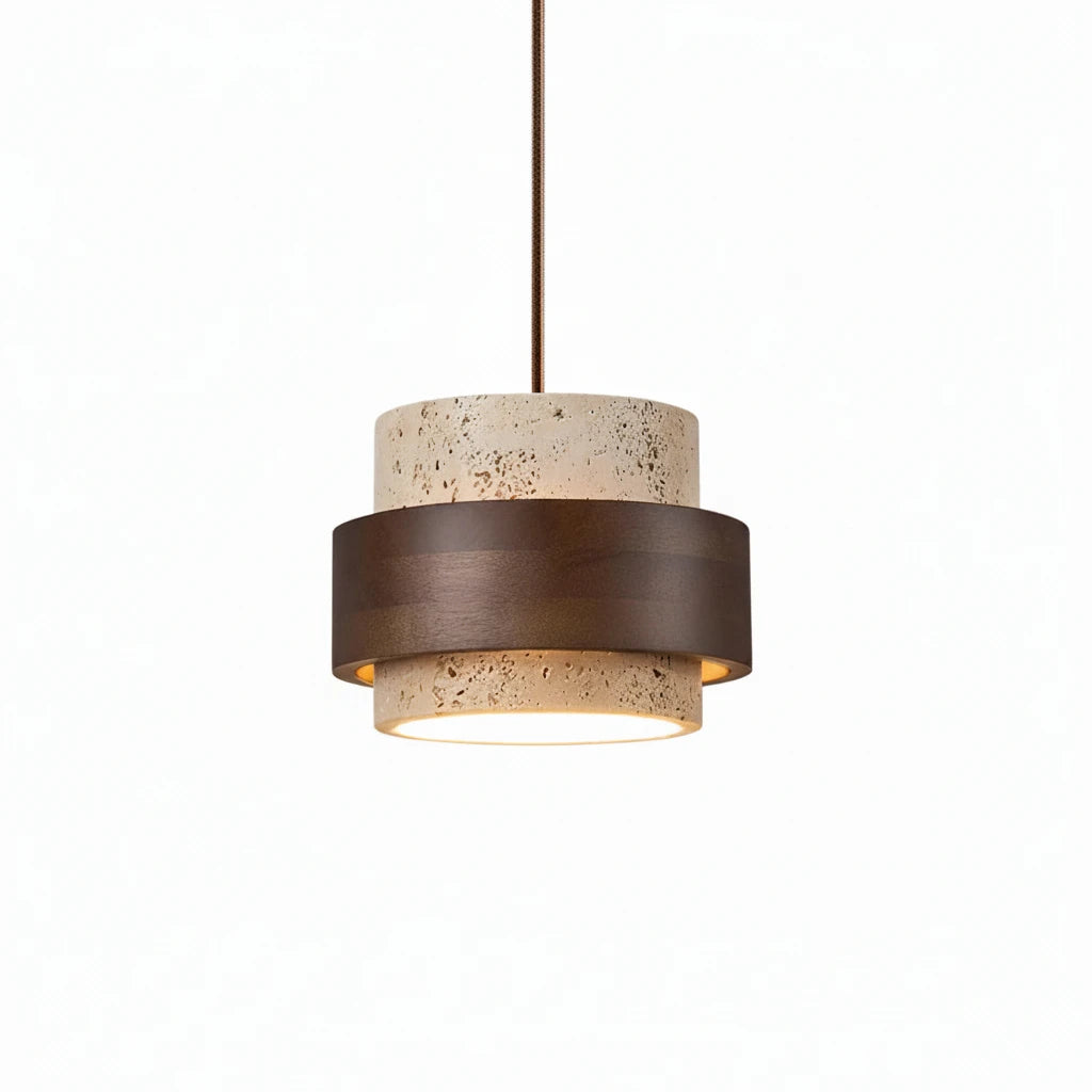 Modern Minimalist Wood and Terrazzo Band Mini Pendant Light with Suspension Cord on Pure White Background