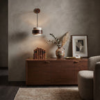 Japandi Travertine Walnut Sconce Over Storage Console