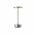 Modern Minimalist Touch Control Disc Cordless Table Lamp in Silver Finish on Pure White Background