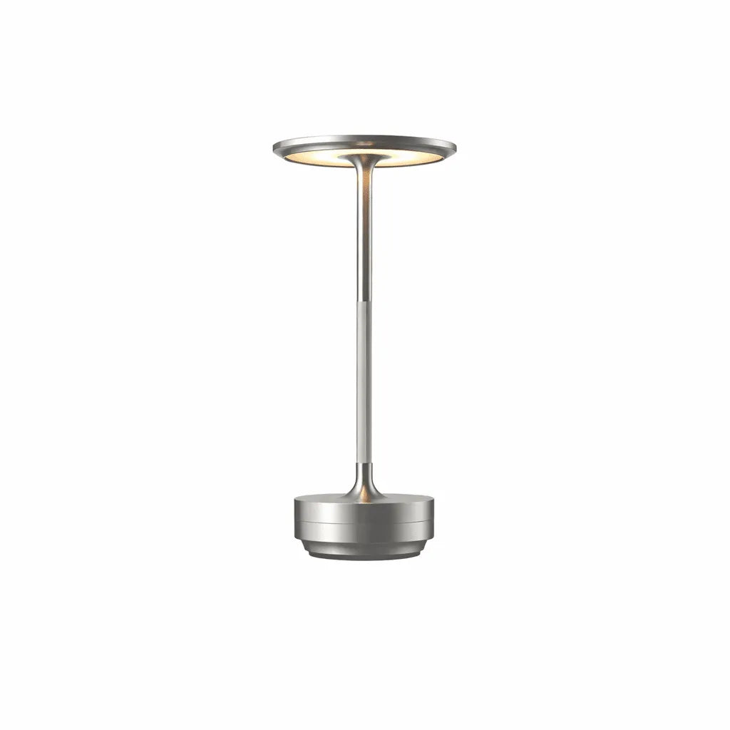 Modern Minimalist Touch Control Disc Cordless Table Lamp in Silver Finish on Pure White Background