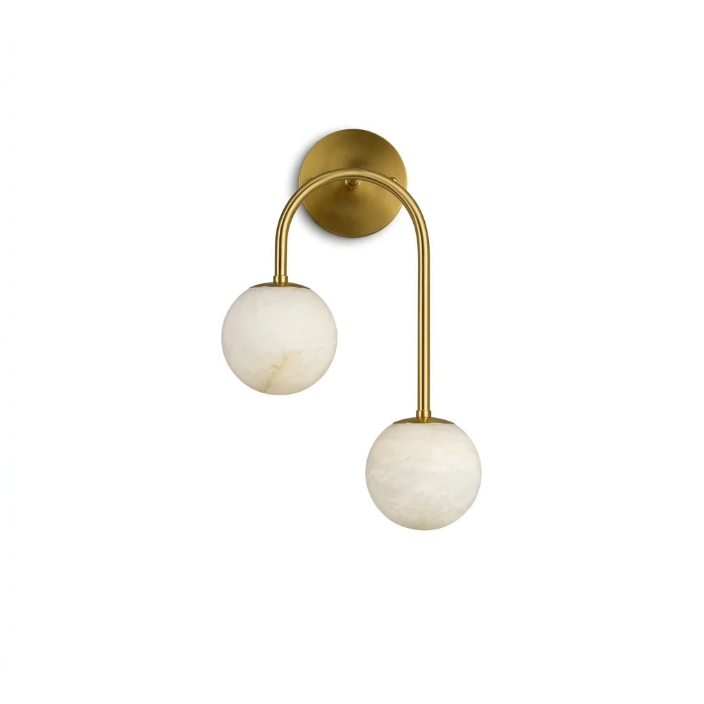 Modern Asymmetrical Double-Light Globe Art Glass Wall Sconce with Brass Hardware on Pure White Background