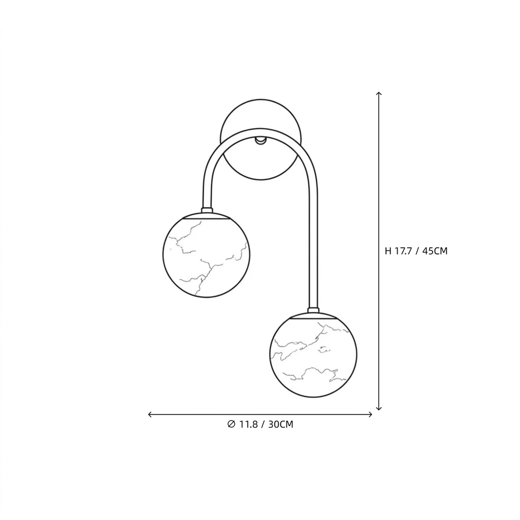 Modern Asymmetrical Double-Light Globe Art Glass Wall Sconce Line Art Dimension Diagram