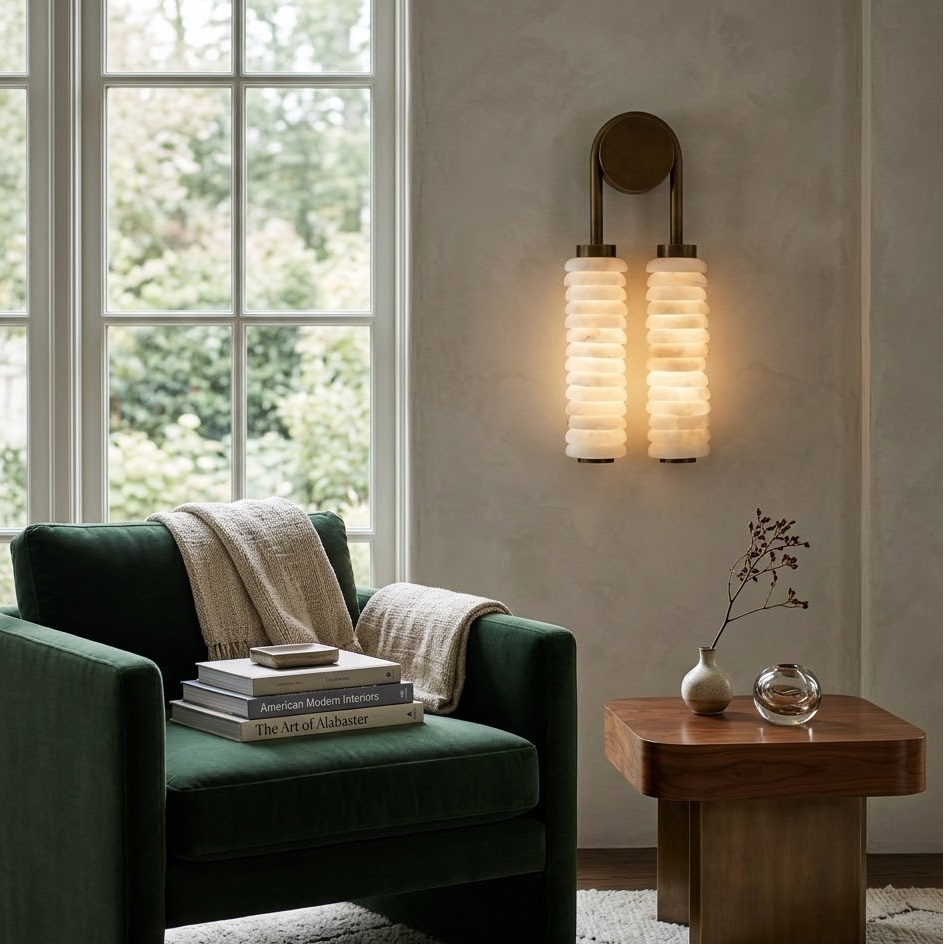 Illuminated twin alabaster wall sconce mounted on wall beside green sofa in modern living room
