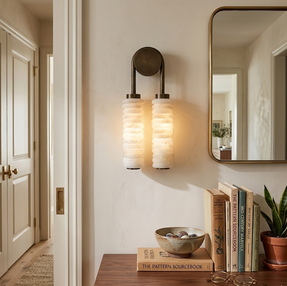 Illuminated twin alabaster sconce hung beside mirror on hallway interior wall