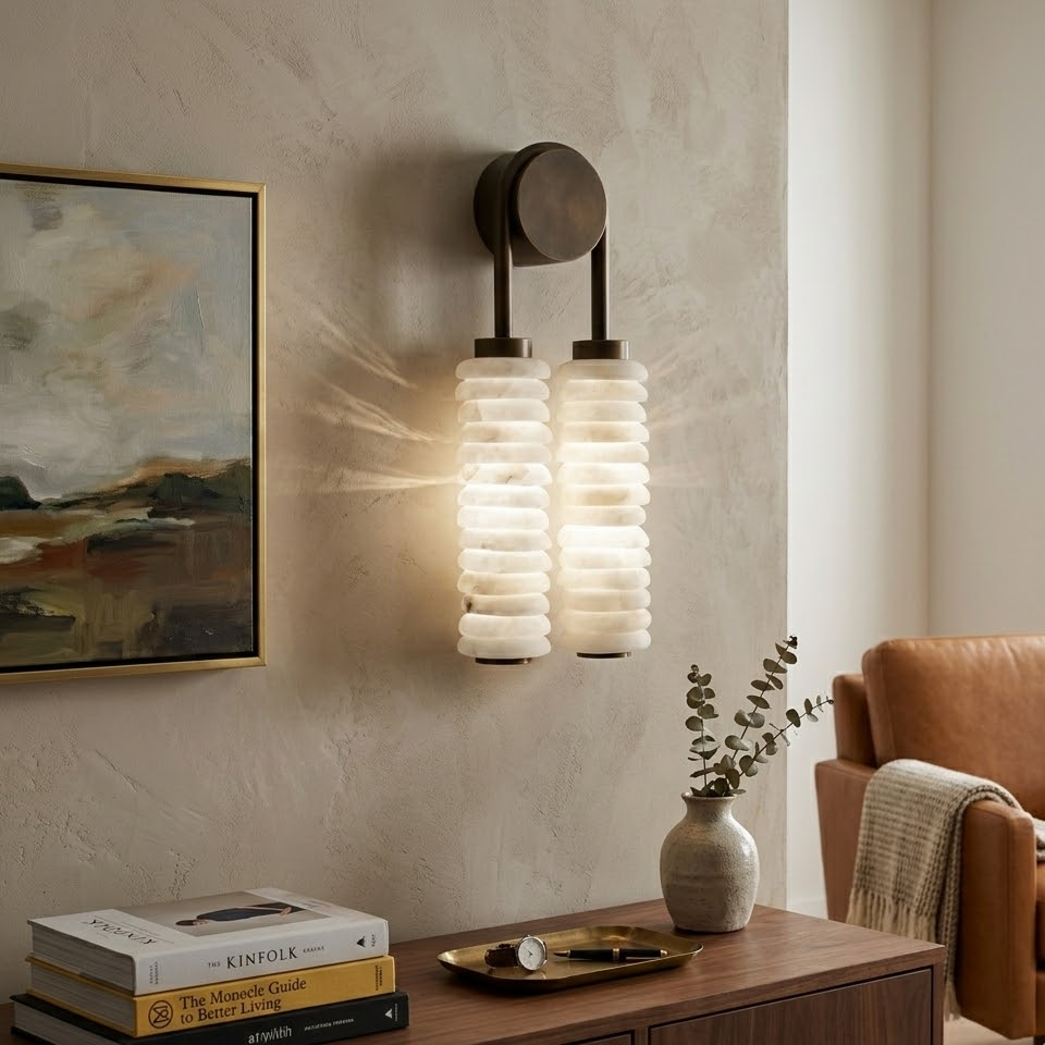 Warm lit twin alabaster sconce with brass hardware inside neutral contemporary entry room