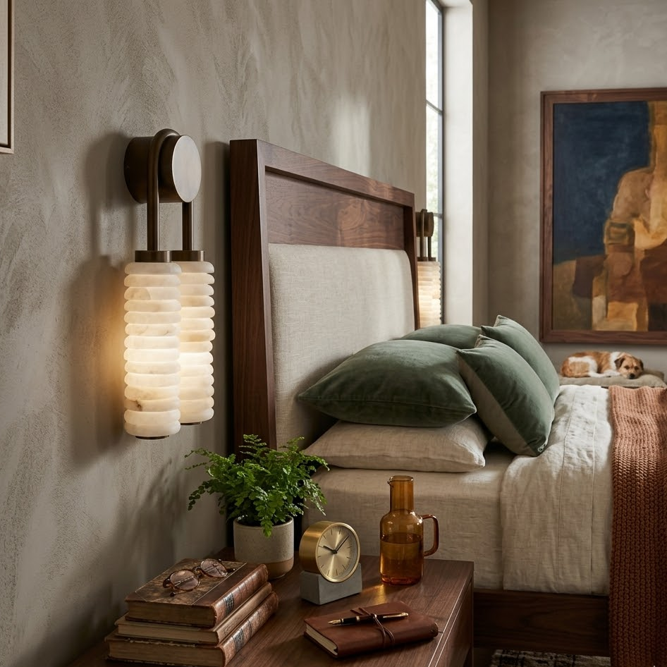 Lit twin alabaster wall light beside wooden bed frame in warm rustic bedroom