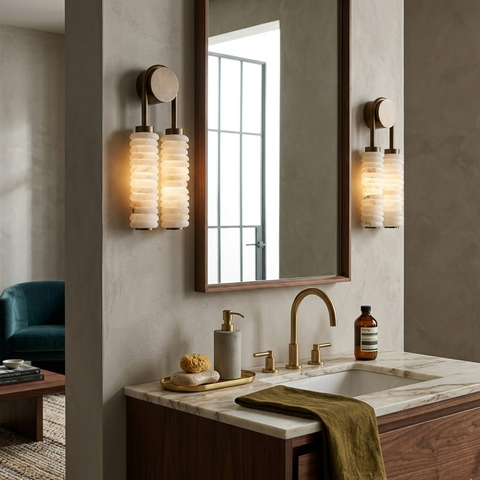 Twin alabaster sconce installed above vanity counter inside cozy bathroom interior
