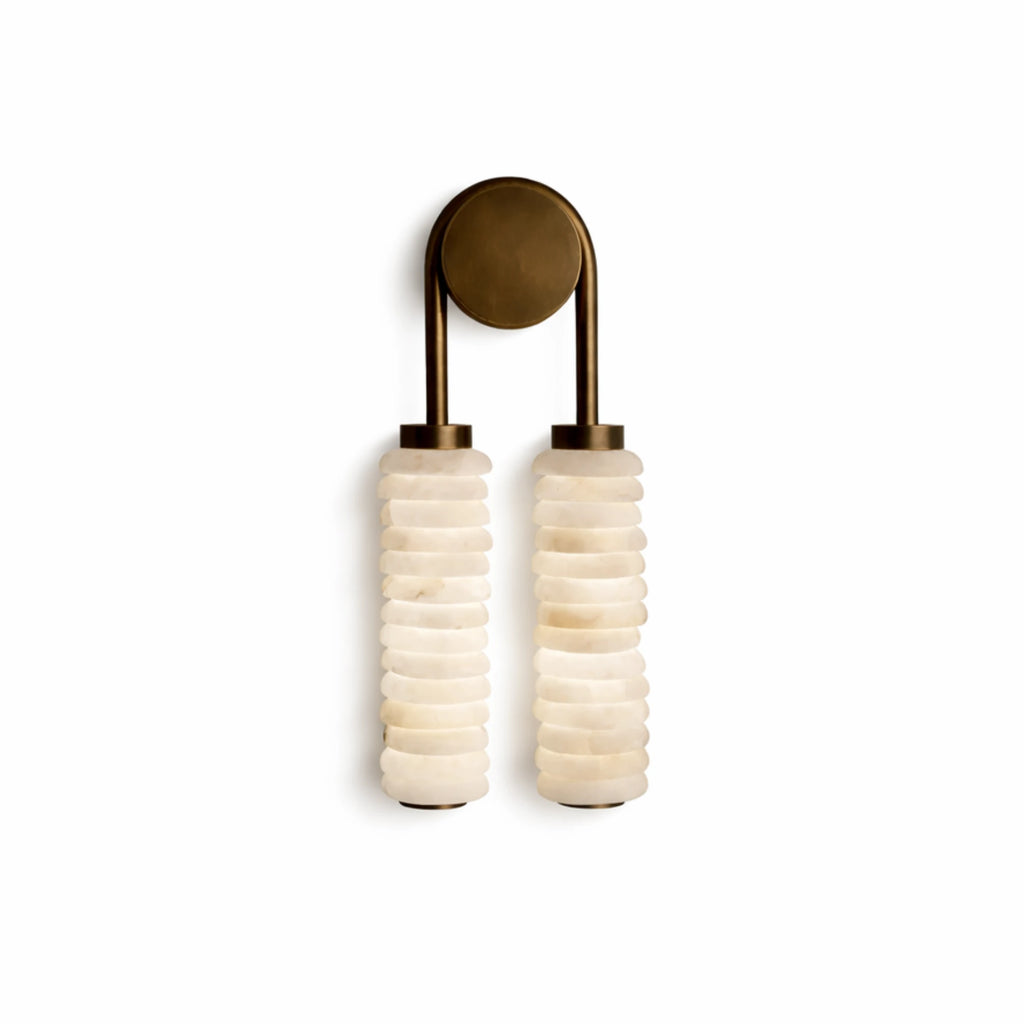 Modern Double-Tube Capiz Shell Wall Sconce with Bronze Frame on Pure White Background