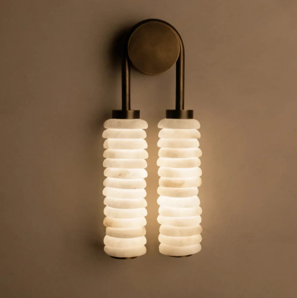 Illuminated Modern Double-Tube Capiz Shell Wall Sconce on Dark Background