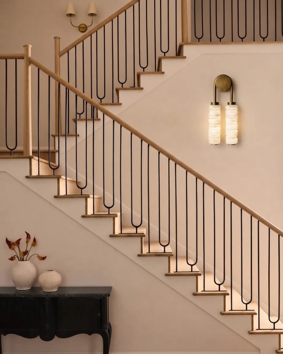 Modern Double-Tube Wall Sconce Along Staircase