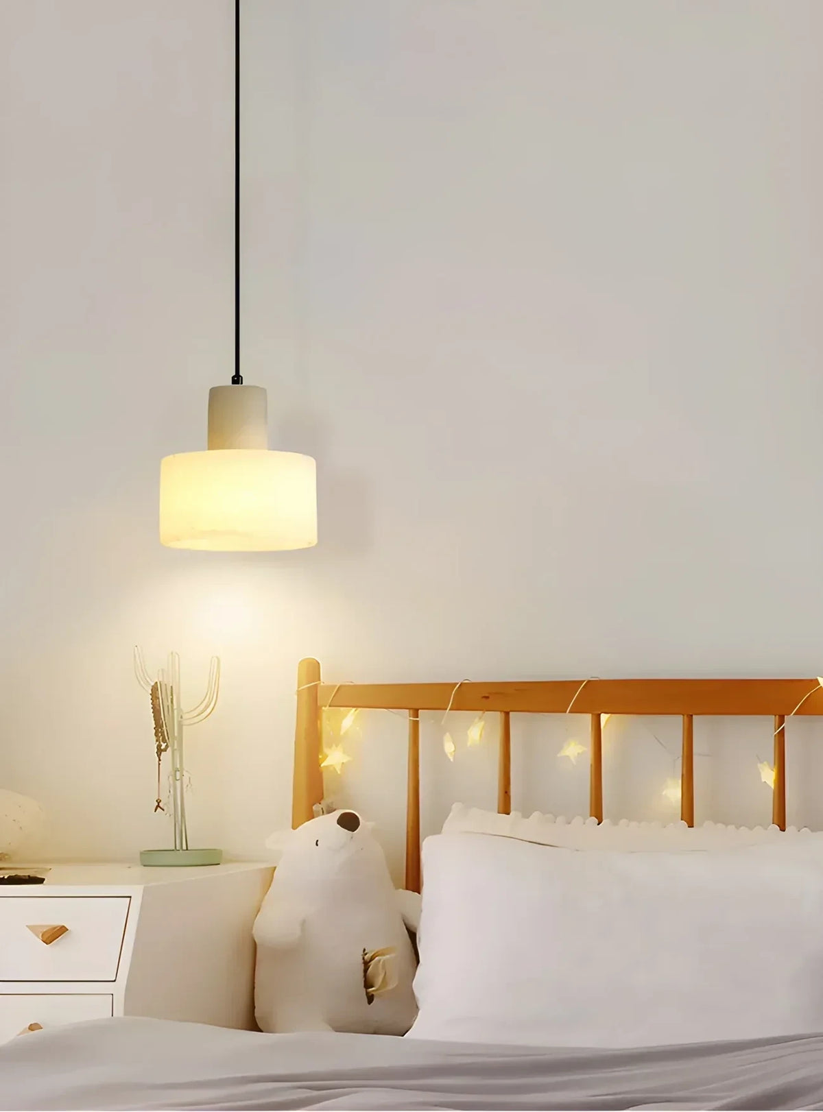 Alabaster Cylinder Bedside Pendant Light Over Nightstand