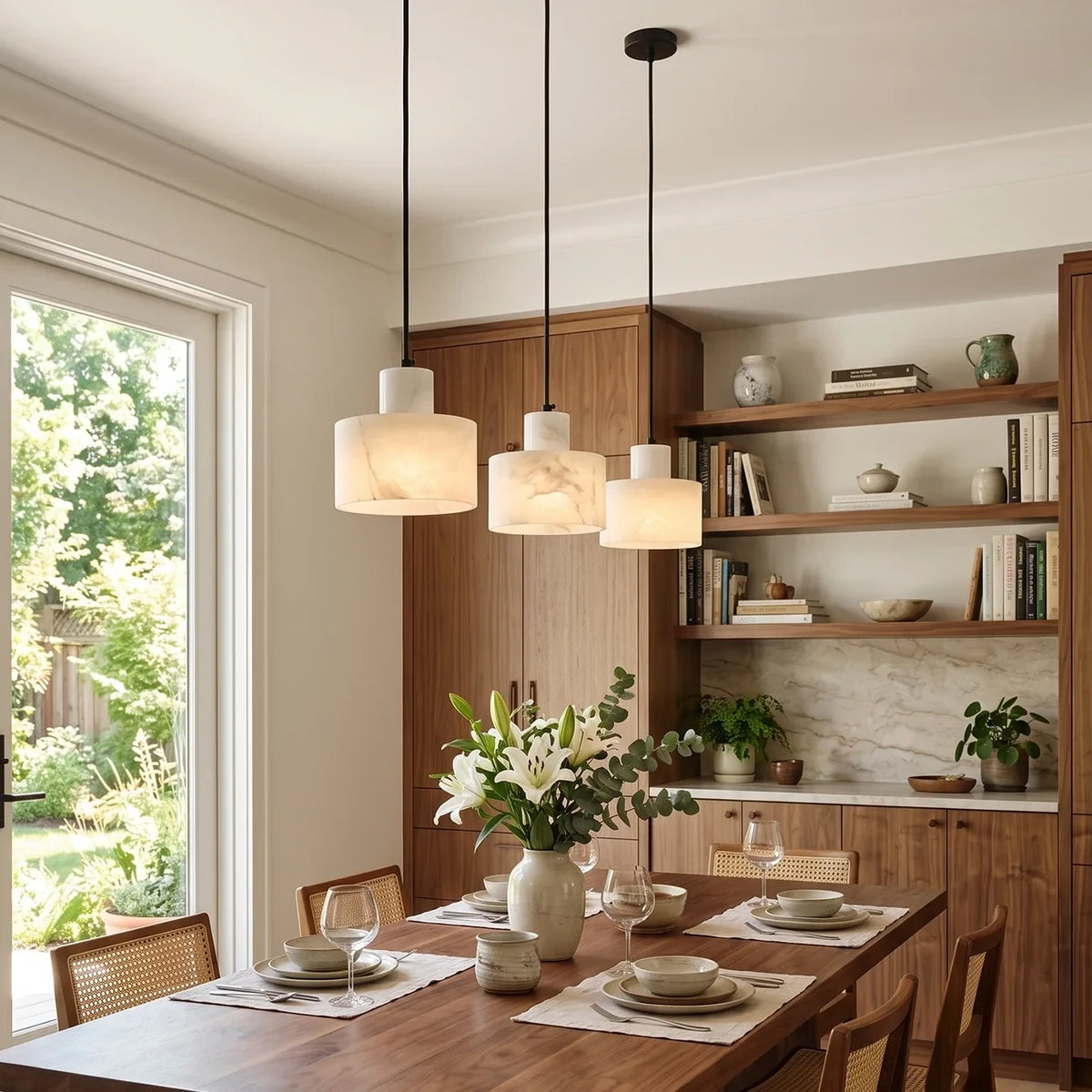 Trio of Stepped Alabaster Pendant Lights Over Dining Table