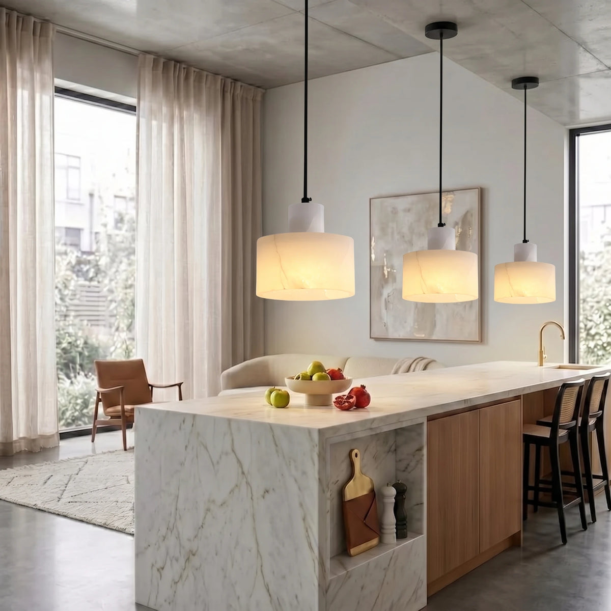 Set of Three Alabaster Pendant Lights Over Kitchen Island