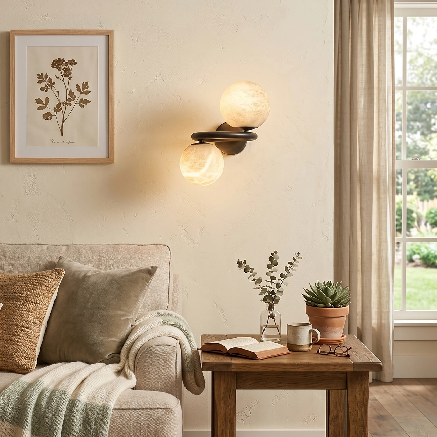 Two Globe Alabaster Spherical Wall Sconce