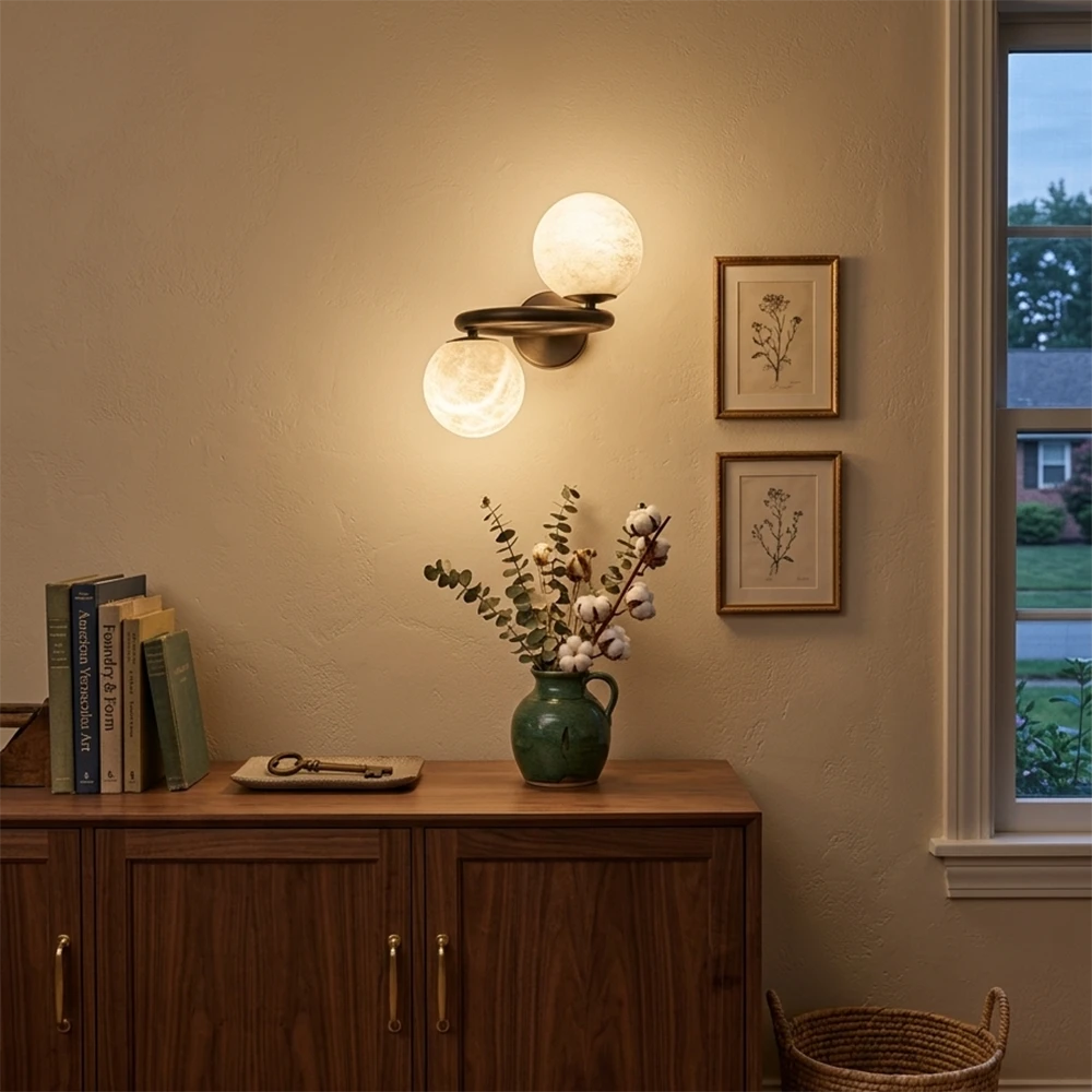 Two Globe Alabaster Spherical Wall Sconce