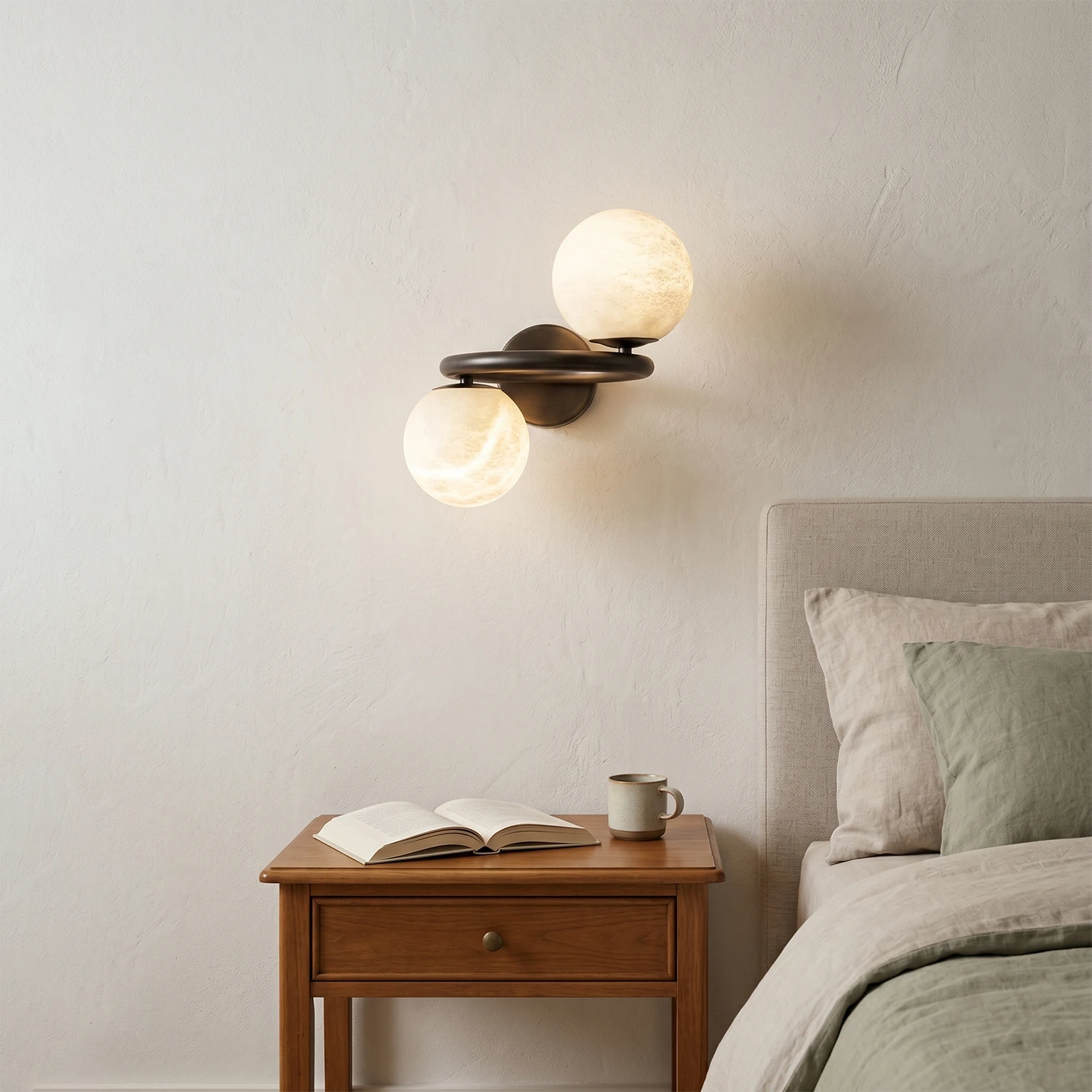 Two Globe Alabaster Spherical Wall Sconce