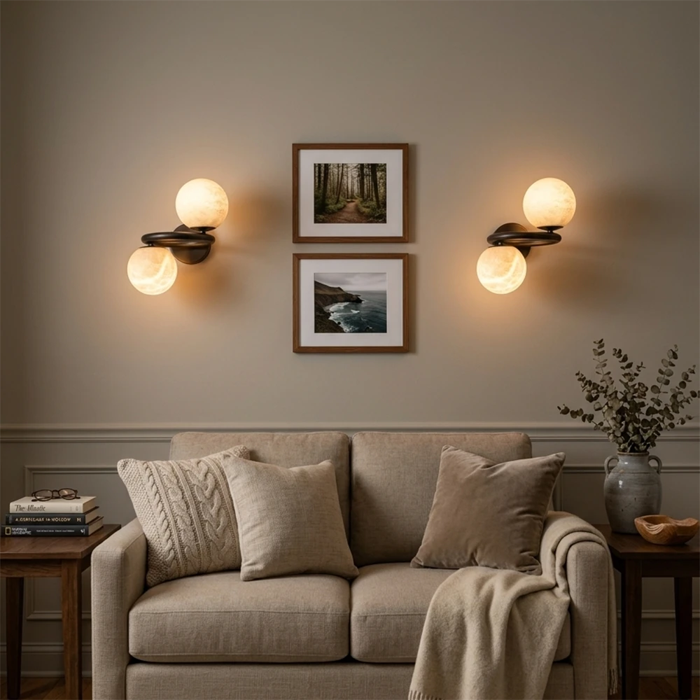 Two Globe Alabaster Spherical Wall Sconce