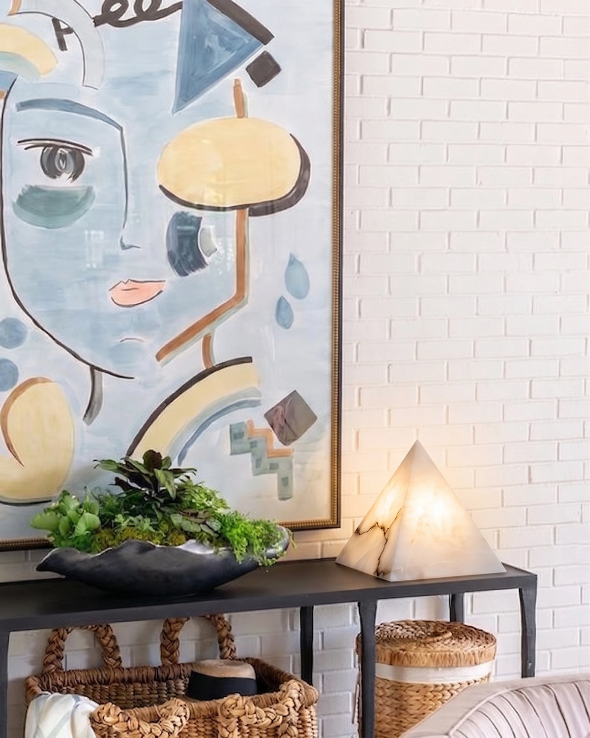 Modern Alabaster Pyramid Lamp Over Living Room Side Table