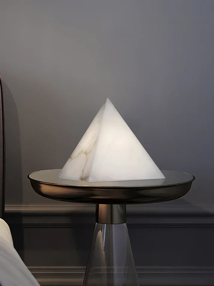 Organic Modern Alabaster Pyramid Lamp Over Side Table