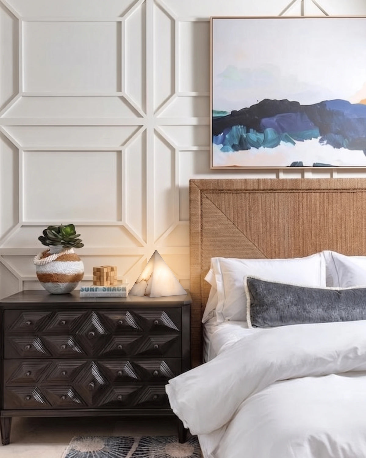 Alabaster Pyramid Bedside Table Lamp Over Nightstand